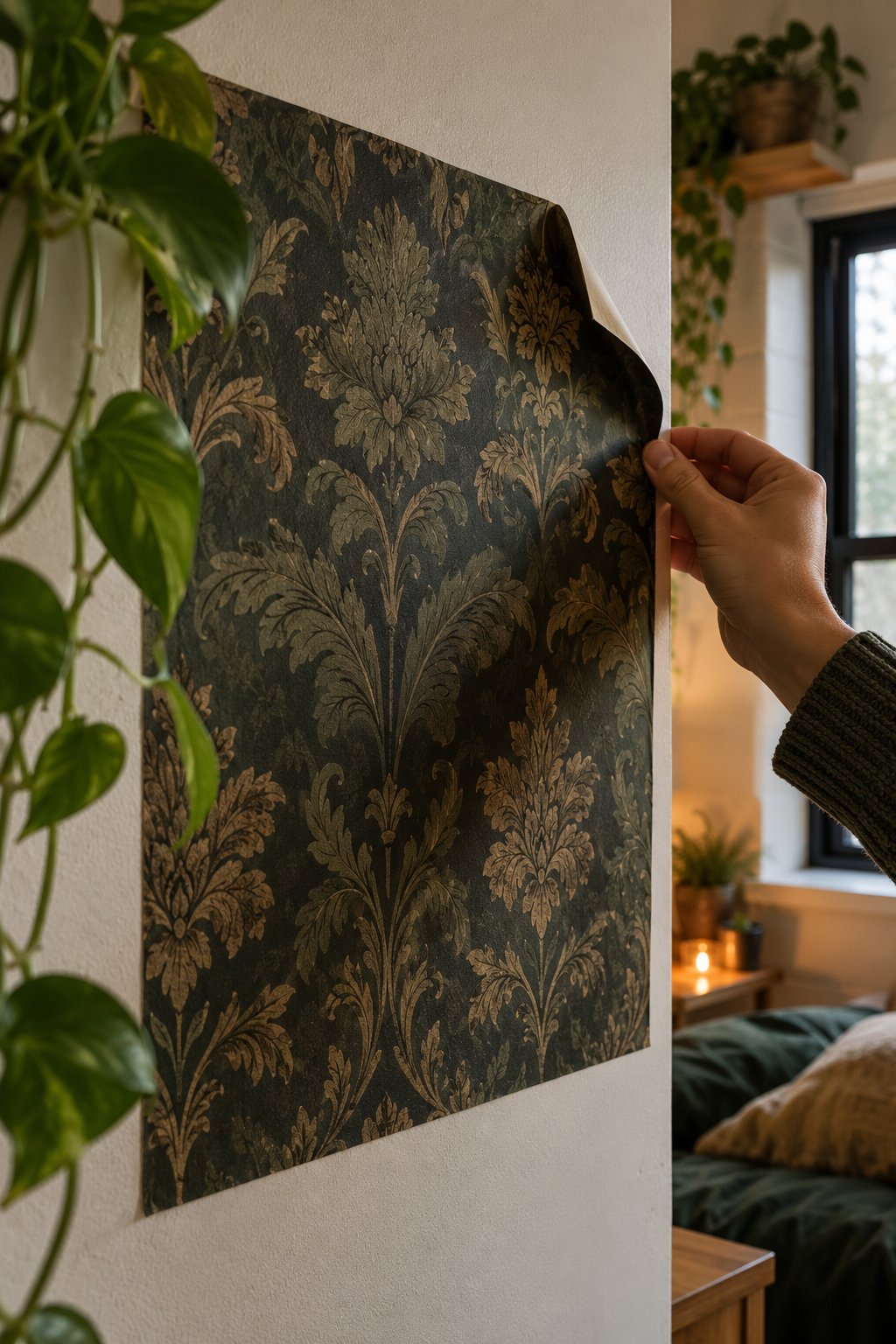 Swatch of deep green damask peel-and-stick wallpaper on a smooth painted wall