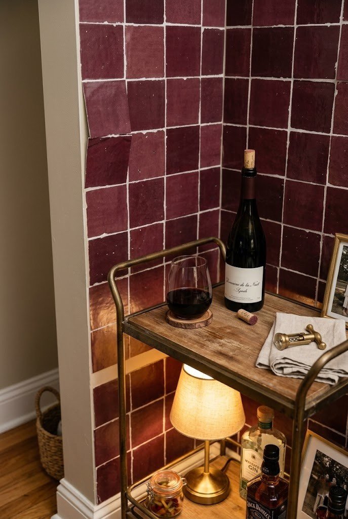 Peel and stick wine colored tile decals on the wall of a small bar cart corner