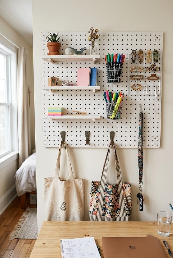 White pegboard wall above a desk holding markers, hair clips, small shelves, and hooks with tote bags