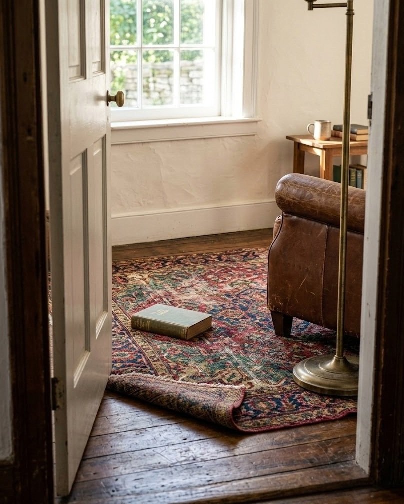 Faded Persian-style rug in jewel tones grounding a corner reading area