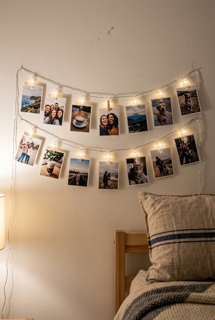 Warm white photo clip string lights with printed photos on a bedroom wall