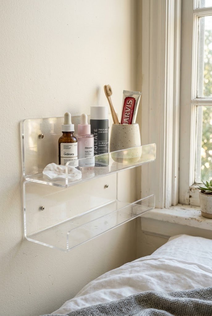 Oak picture ledge on a bedroom wall lined with skincare bottles