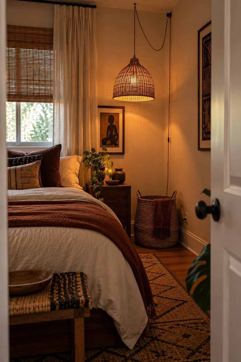 Plug in raffia pendant hung from a corner ceiling hook glowing warm above a small bedroom