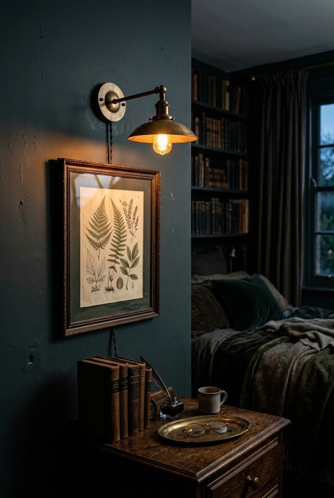 Plug-in brass wall sconce glowing over a framed print in a dark academia bedroom