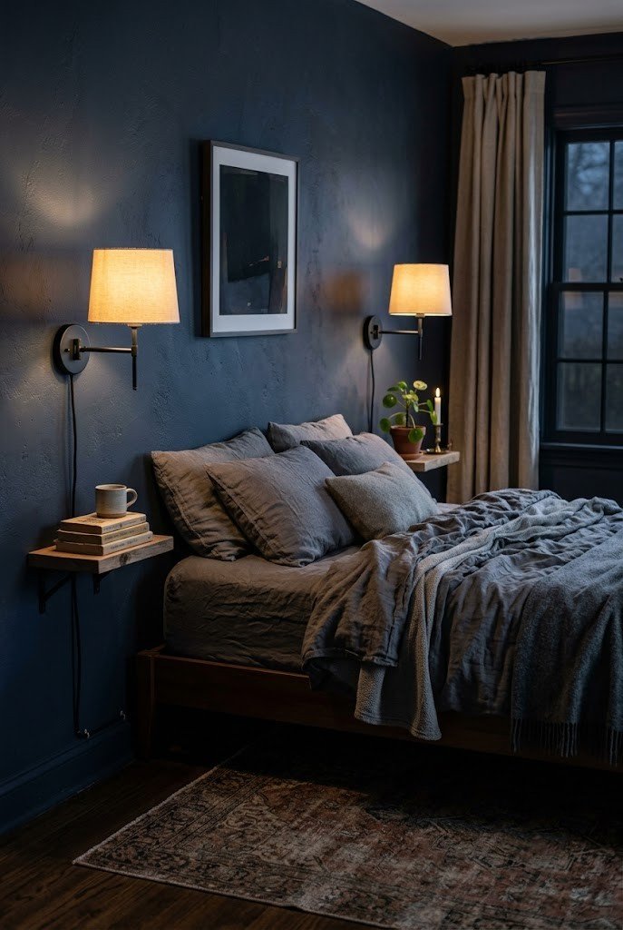 Plug-in wall sconces flanking a bed in a moody apartment bedroom