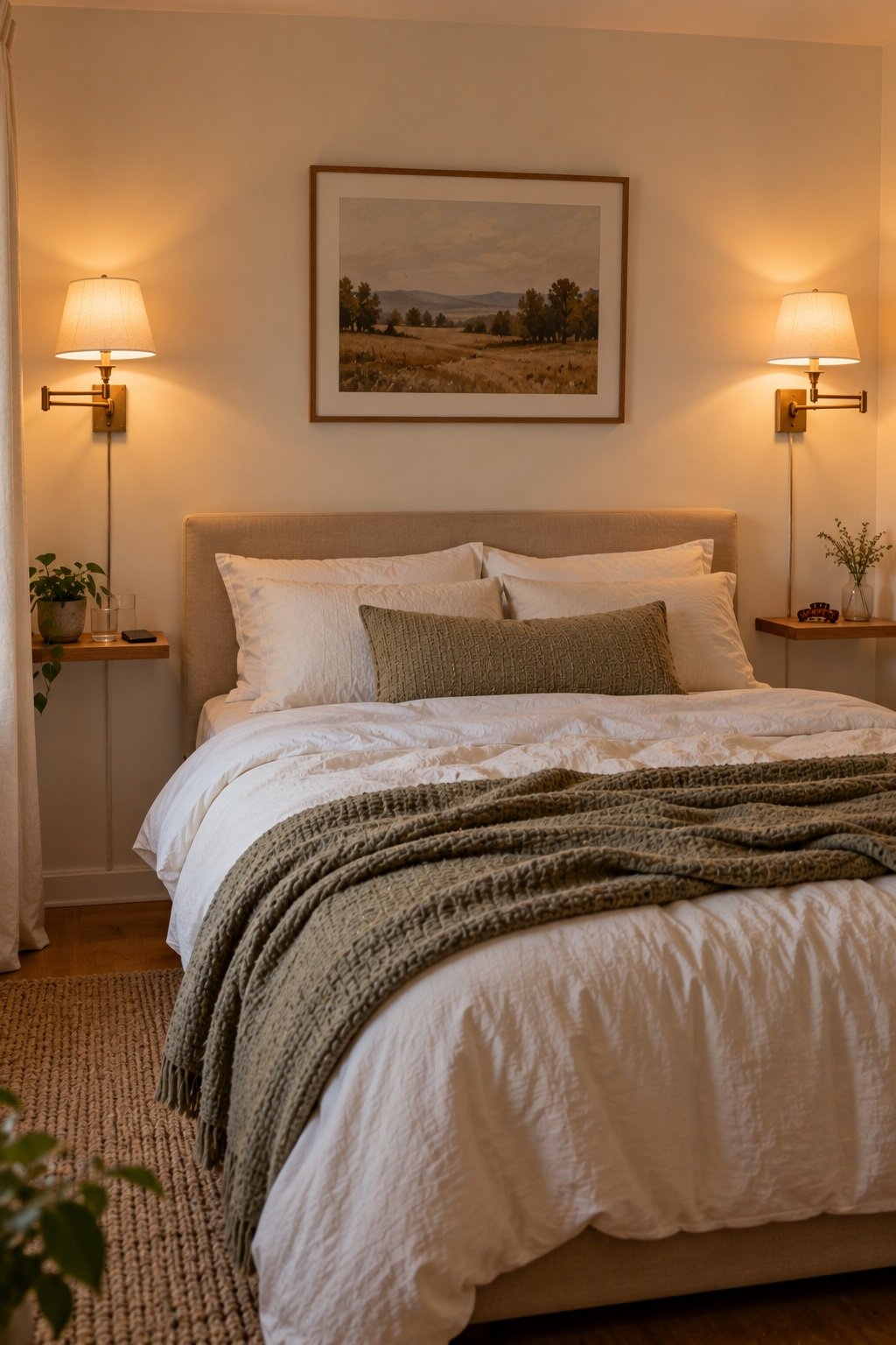 Brass plug-in wall sconces with fabric shades and small shelves on both sides of a bed