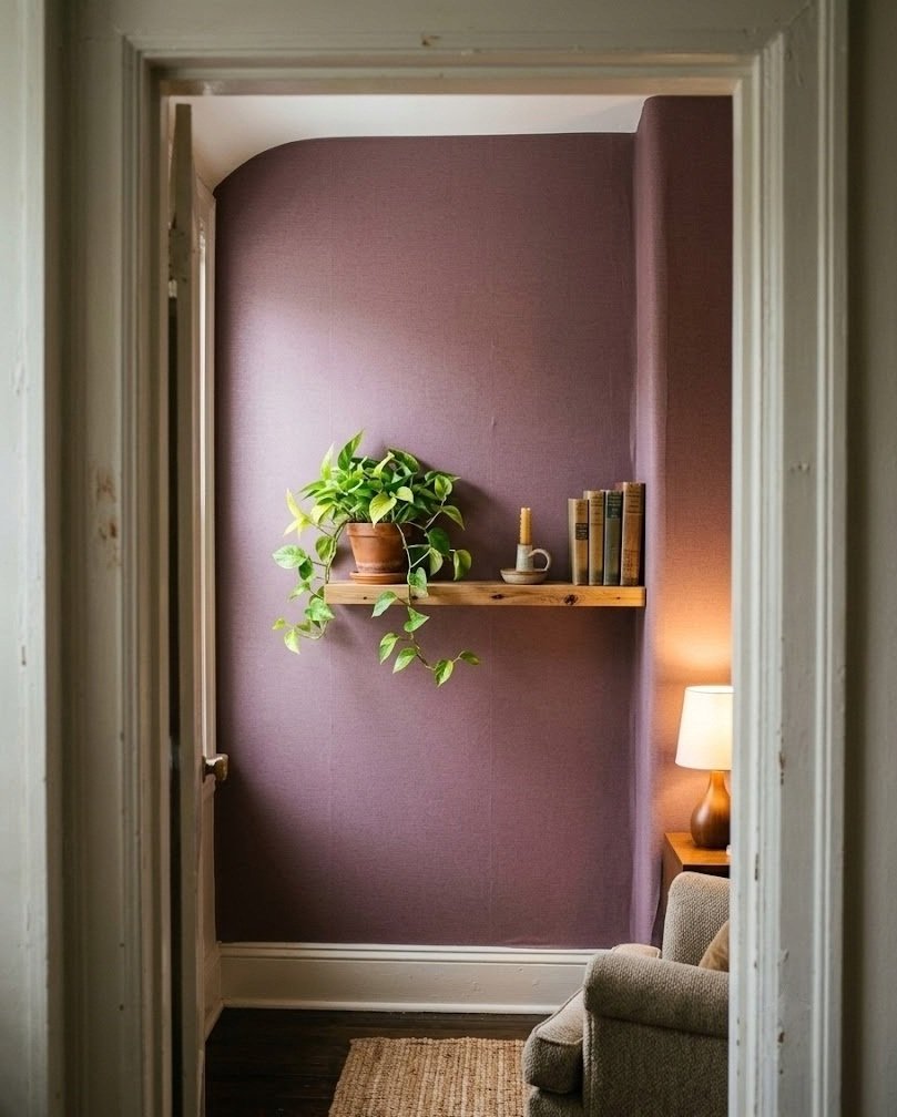 Small alcove in muted plum peel-and-stick wallpaper with a floating shelf and a plant