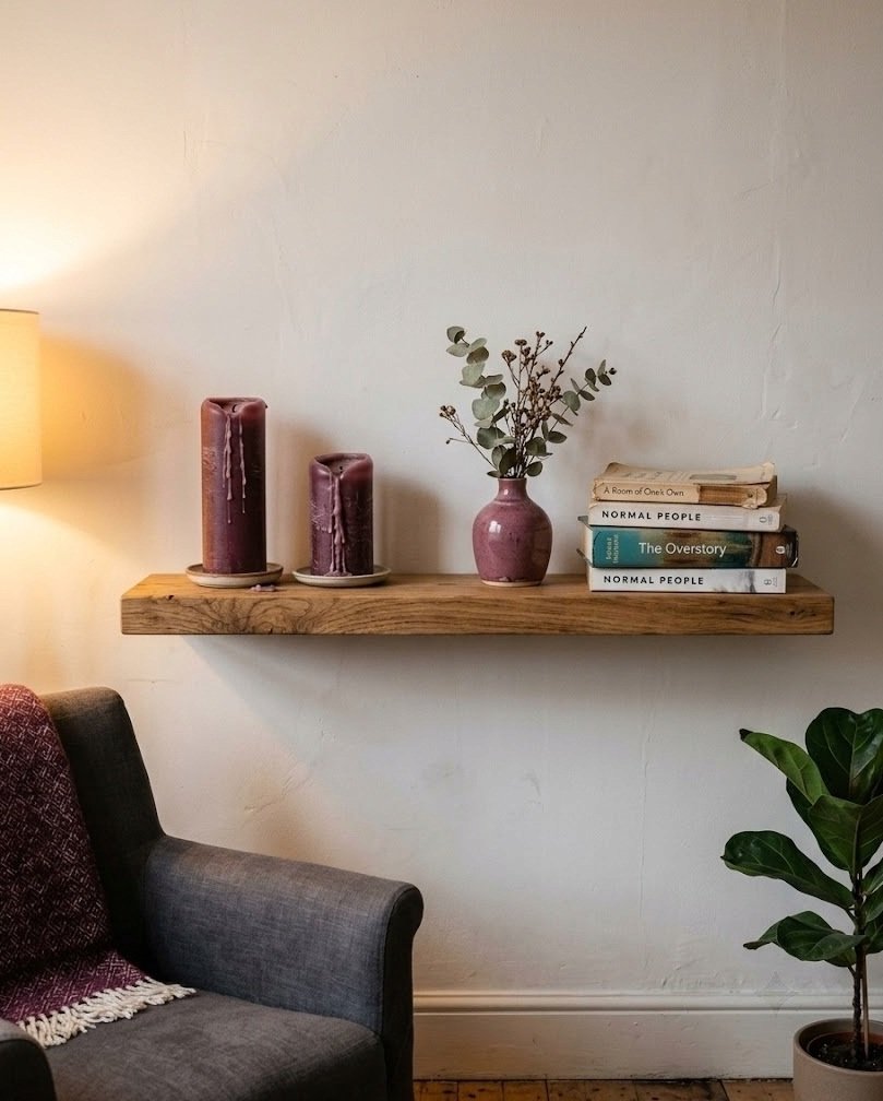 Floating shelf styled with two plum pillar candles, a berry bud vase and books
