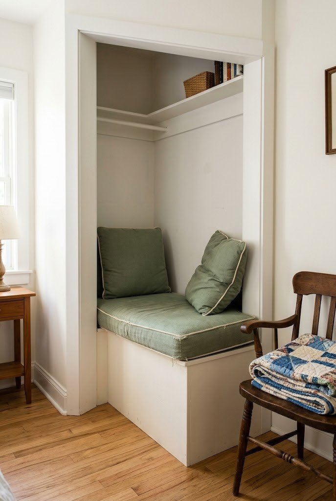 Sixteen inch deep plywood bench with sage cushion and backrest pillows in a closet alcove