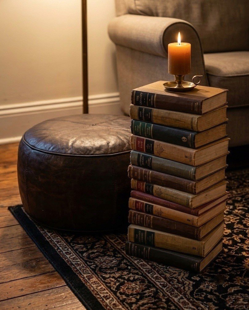 Low leather pouf beside a tall stack of vintage books used as a side table with a candle on top