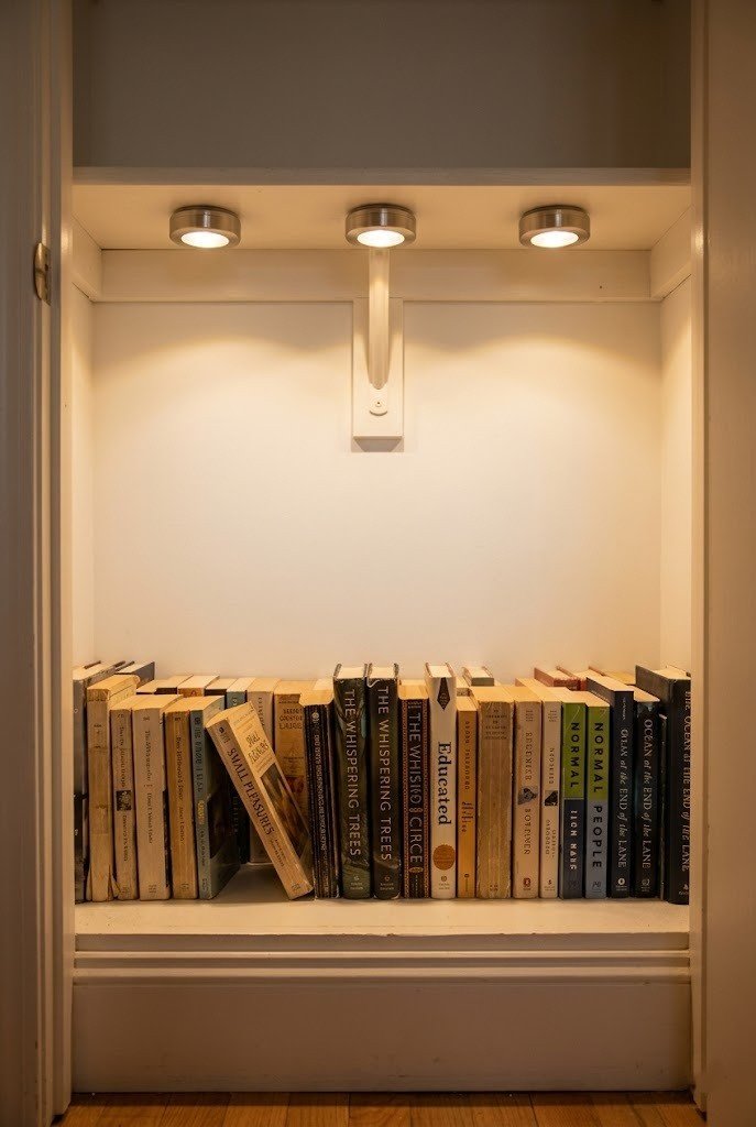 Round puck lights under a closet shelf lighting a row of paperback books