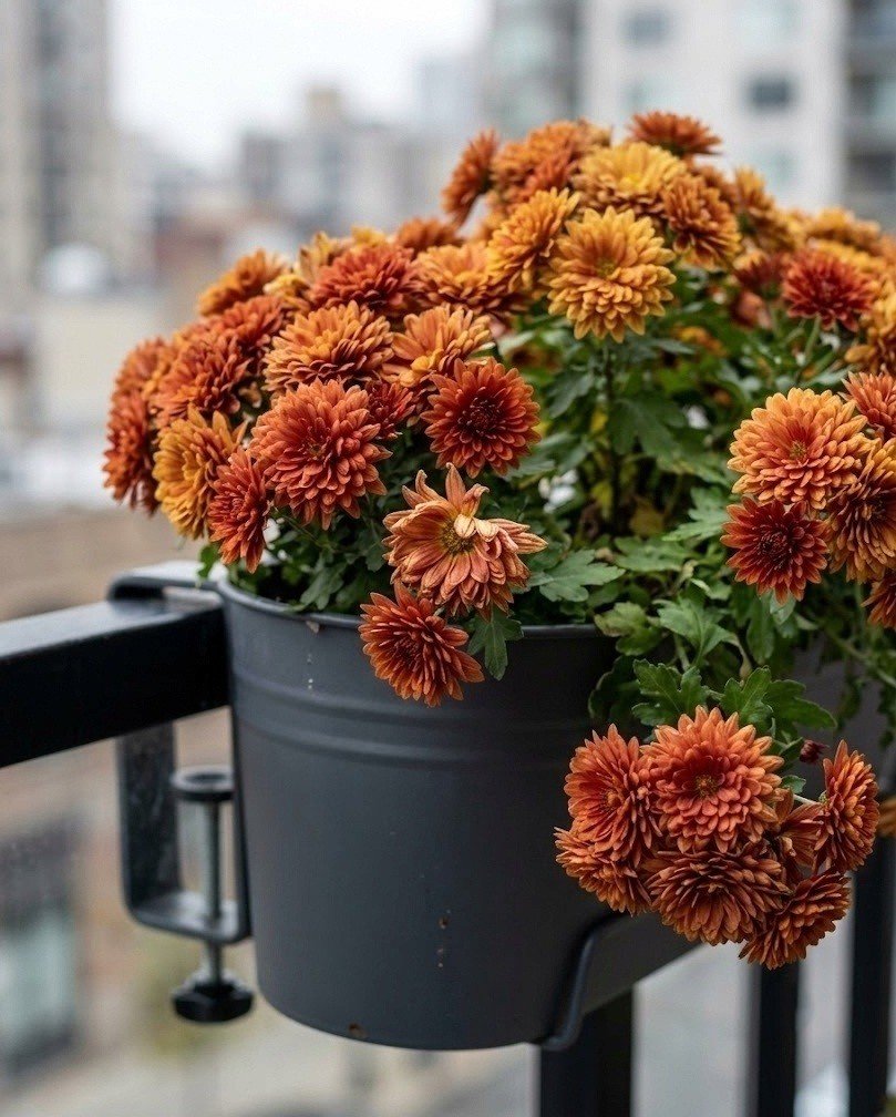 Charcoal clamp-on railing planter with rust and gold mums on a balcony rail