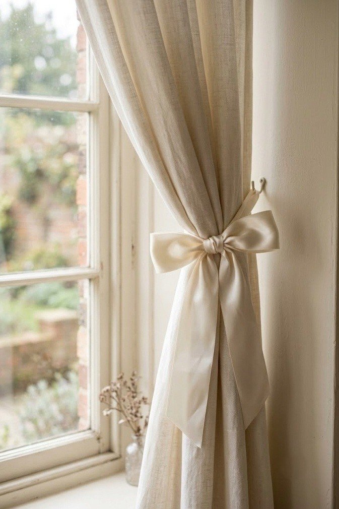 A single satin bow used as a curtain tieback