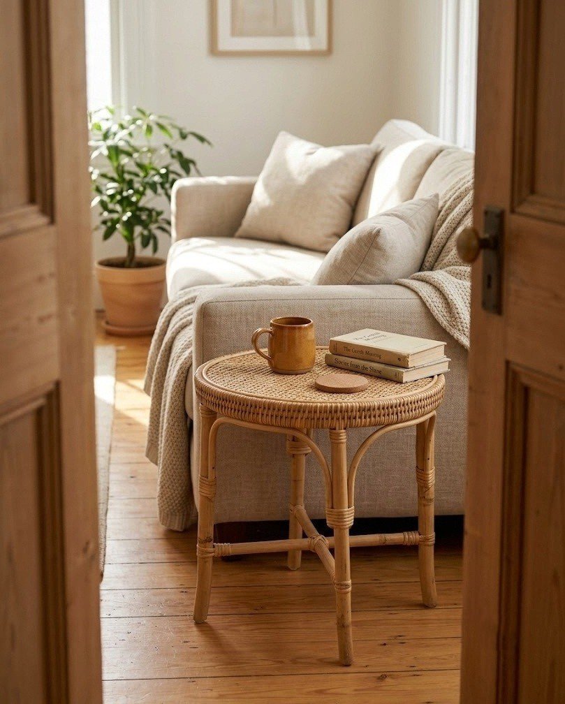 Small round rattan side table beside a neutral sofa with a caramel mug and books