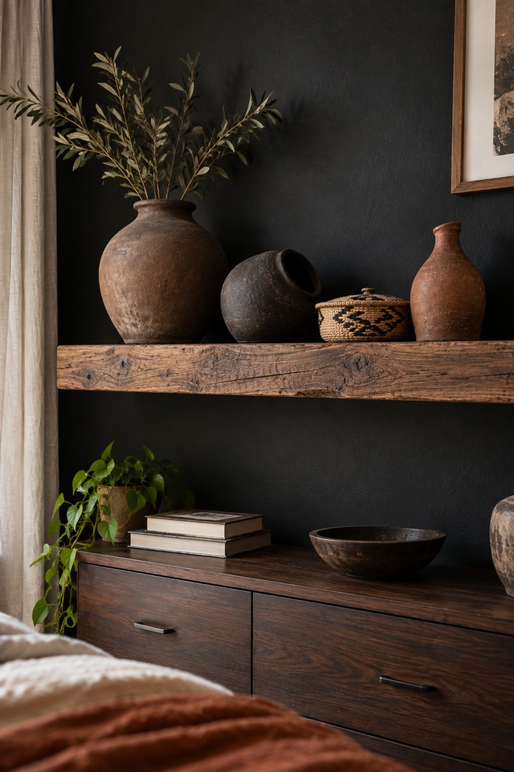 Reclaimed oak floating shelf on a black bedroom wall holding earth tone clay vessels and a woven basket
