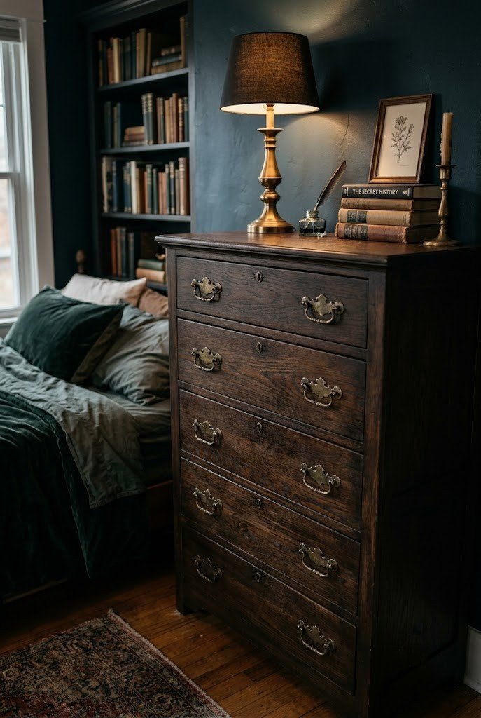 Refinished dresser with dark stain and antique-brass pulls in a dark academia bedroom
