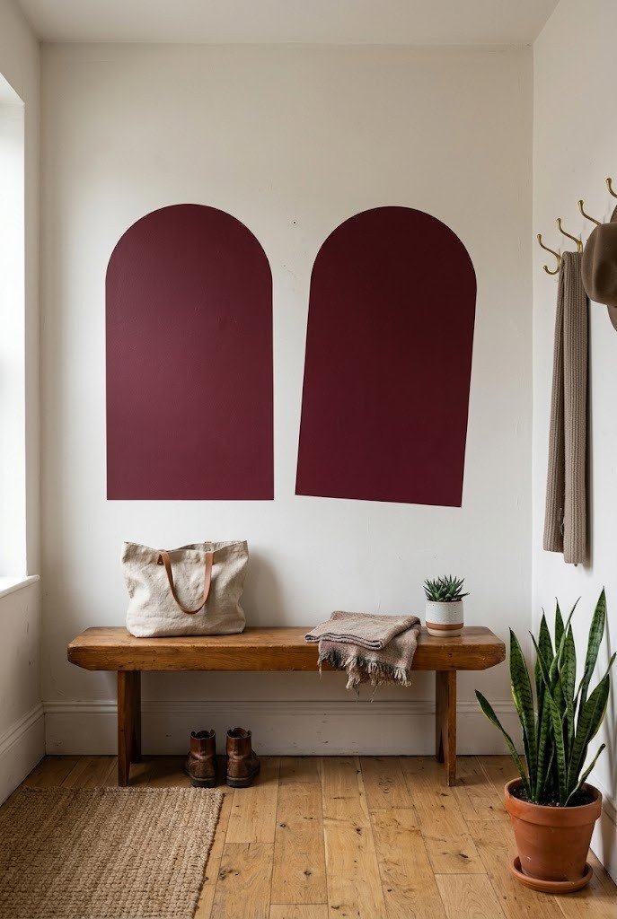Two removable burgundy arch shaped wall decals above a low bench