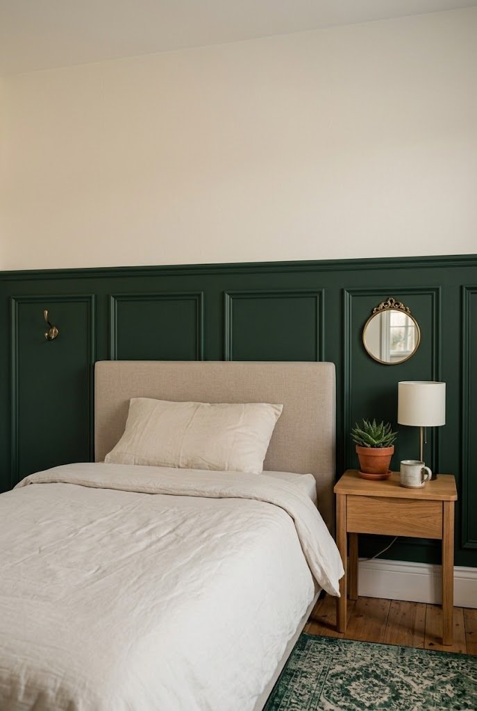 Dark green removable paneling on the lower half of a bedroom wall