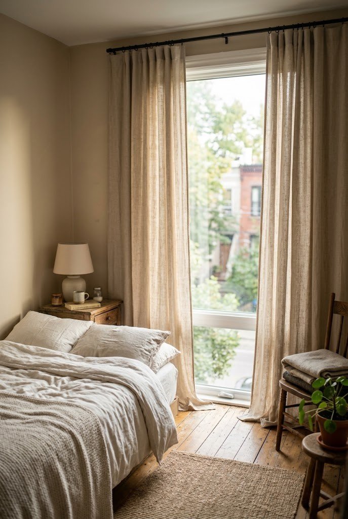 Small bedroom with floor-length curtains hung high near the ceiling and wide past the window