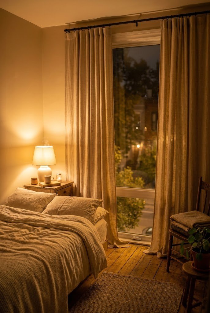Rental bedroom glowing with warm 2700K light in the evening