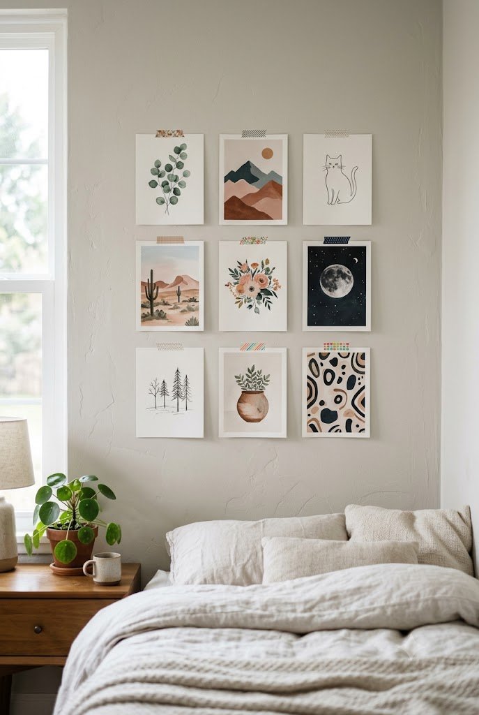 Neat grid of unframed prints taped to a bedroom wall with washi tape