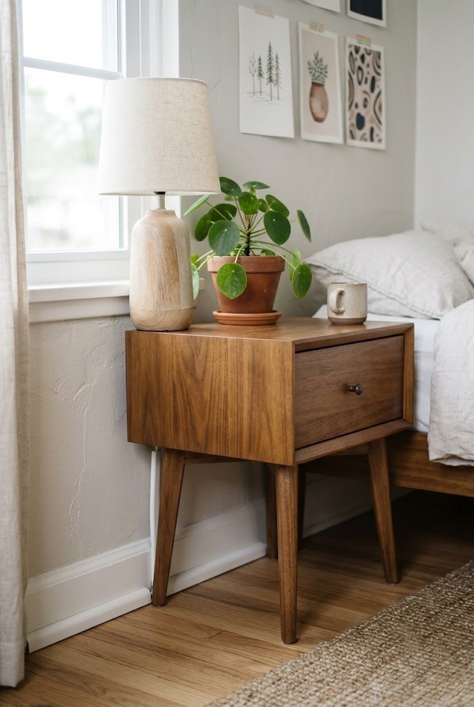 Nightstand corner with cables hidden inside a wall-matched cord cover