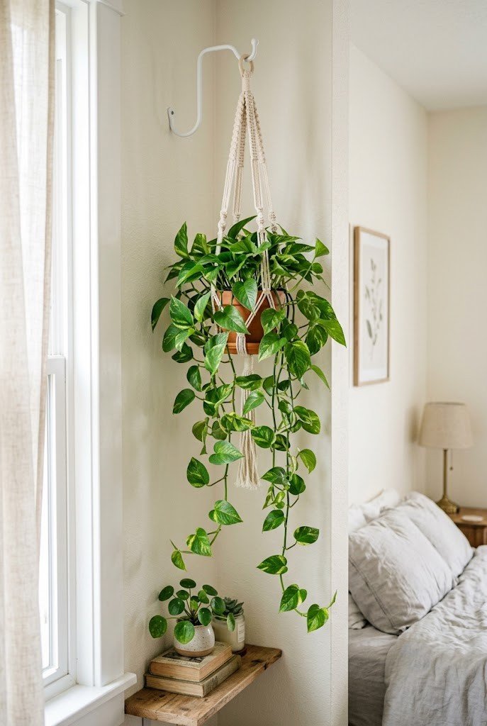 Trailing pothos in a macrame hanger on a wall hook in a bedroom corner