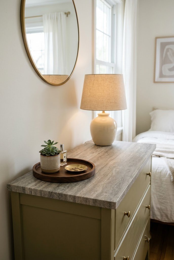 Dresser top covered in matte stone-look contact paper, styled with a lamp