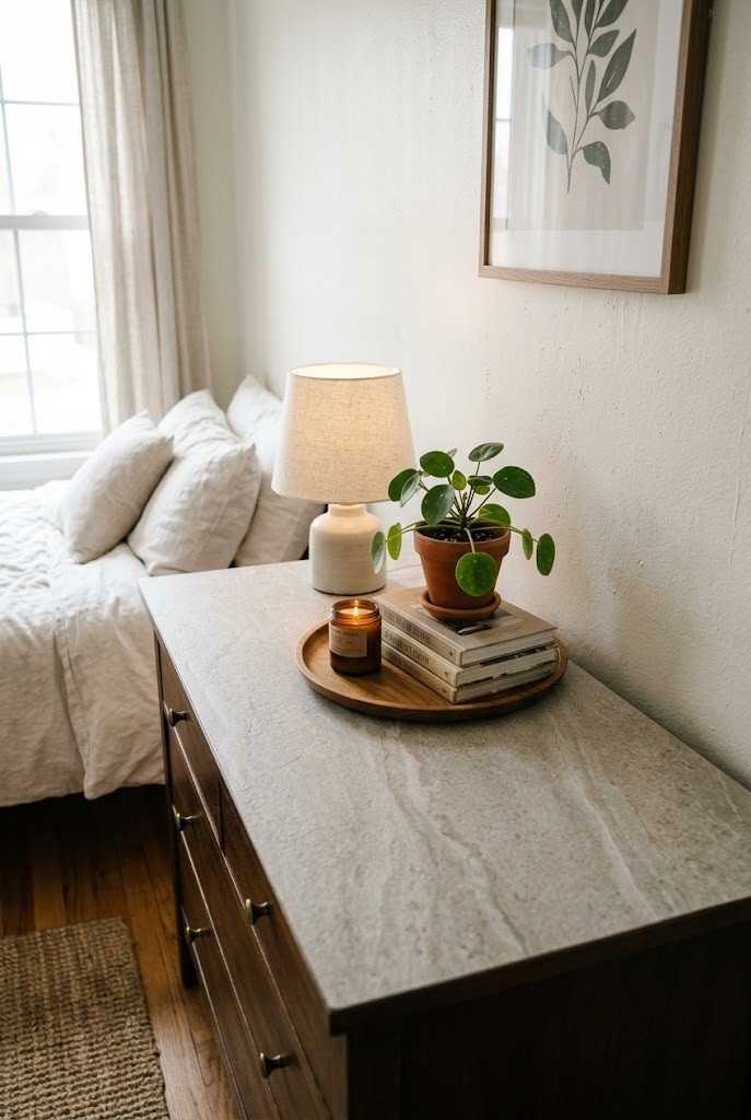 Large floor mirror leaning opposite a window in a small bedroom
