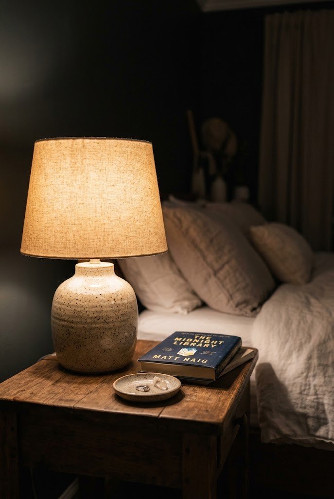 Warm ceramic table lamp glowing on a bedroom nightstand at night