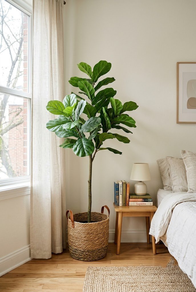 Tall faux plant in a woven basket styling an empty bedroom corner