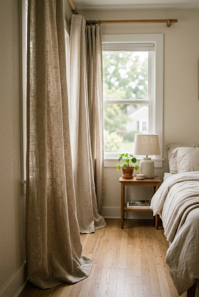 Matte linen-look curtain panels draping to the floor in a small bedroom