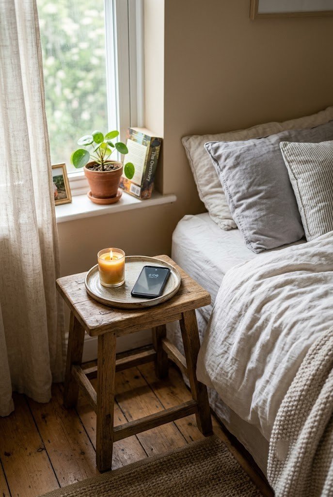 Small wooden stool used as a bedside table with a tray on top