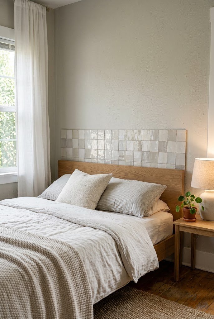 Strip of peel-and-stick tile behind a headboard as a faux backboard