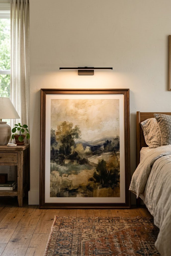 Large framed art leaning on the floor lit by a rechargeable picture light