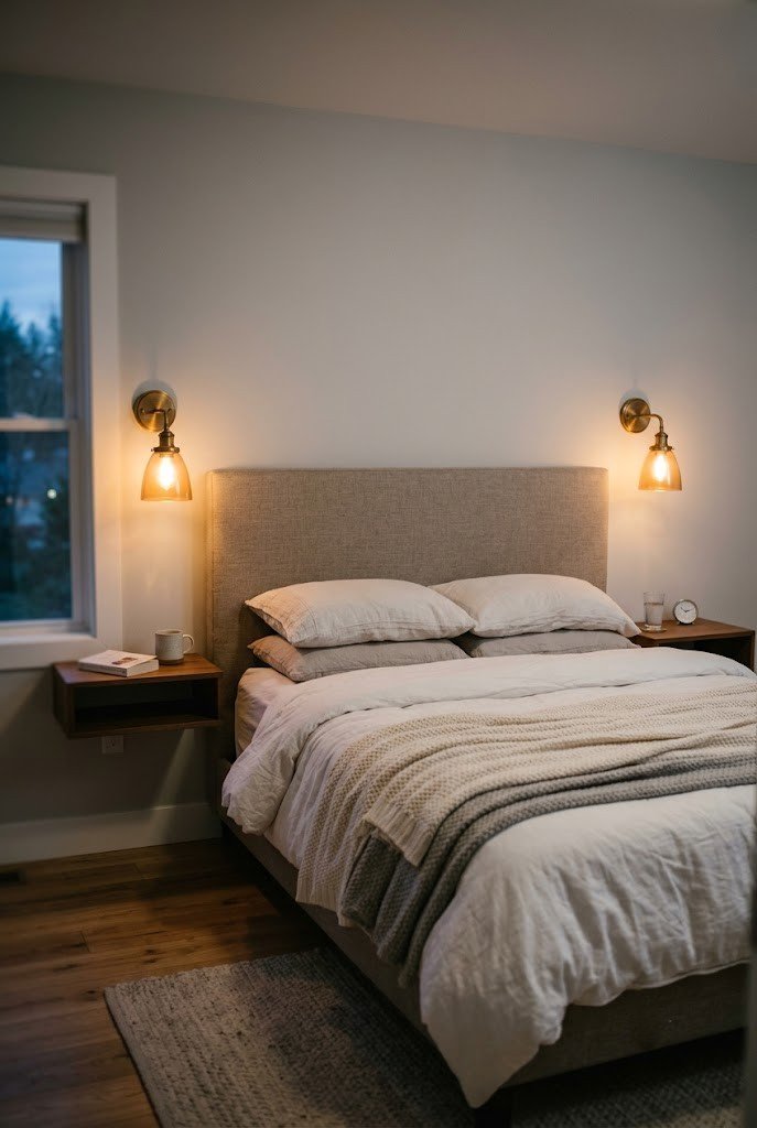 Pair of warm battery wall sconces flanking a bed with no visible wires