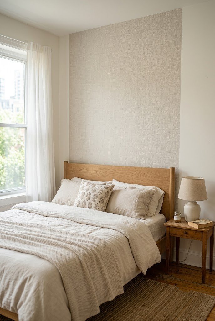 Calm neutral removable wallpaper behind a bed headboard in a small room