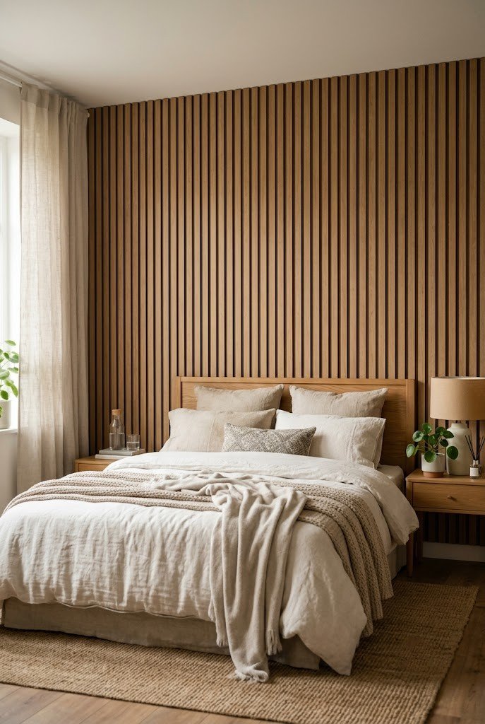 Warm fluted wood-look slat panels on the wall behind a bed