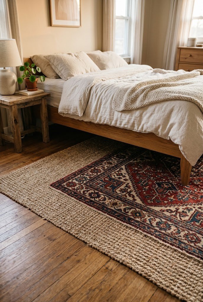 Patterned rug layered over a jute base rug partly under a bed