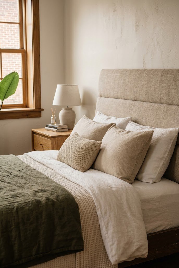 Upholstered headboard leaning against the wall behind a bed