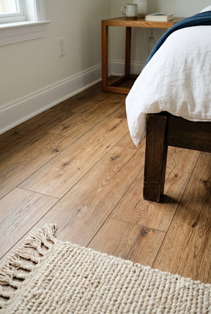 Wood-look peel-and-stick vinyl planks covering part of a bedroom floor