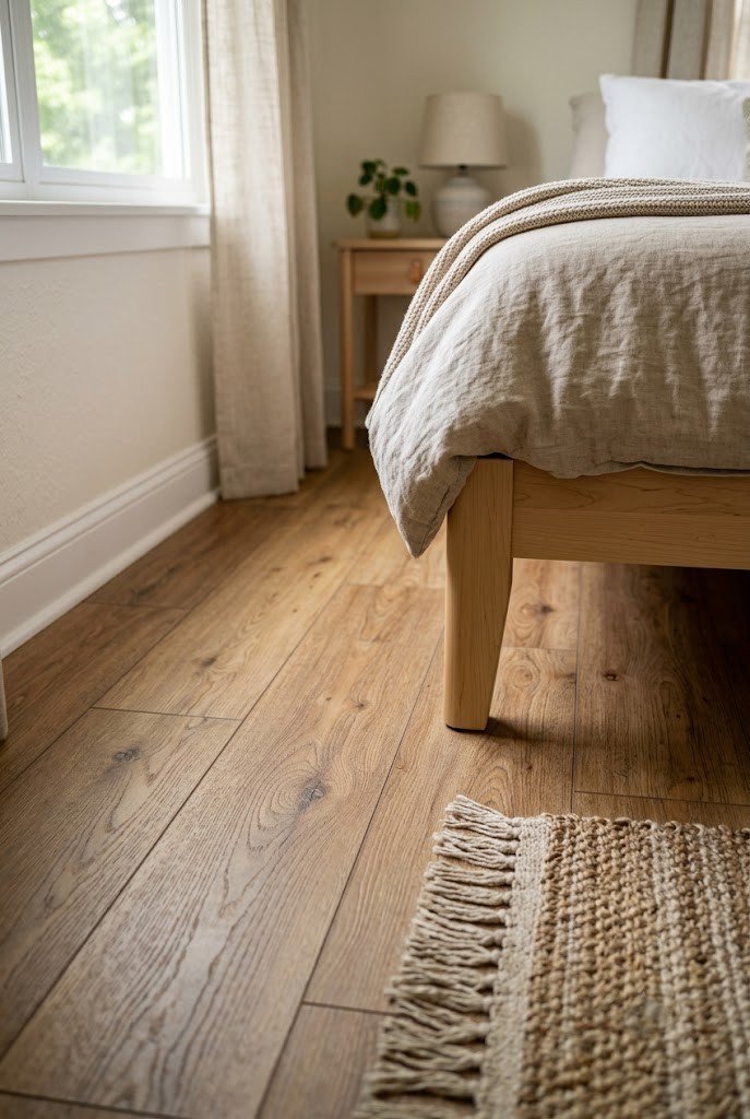Neatly made bed with a duvet and textured throw in one tonal palette