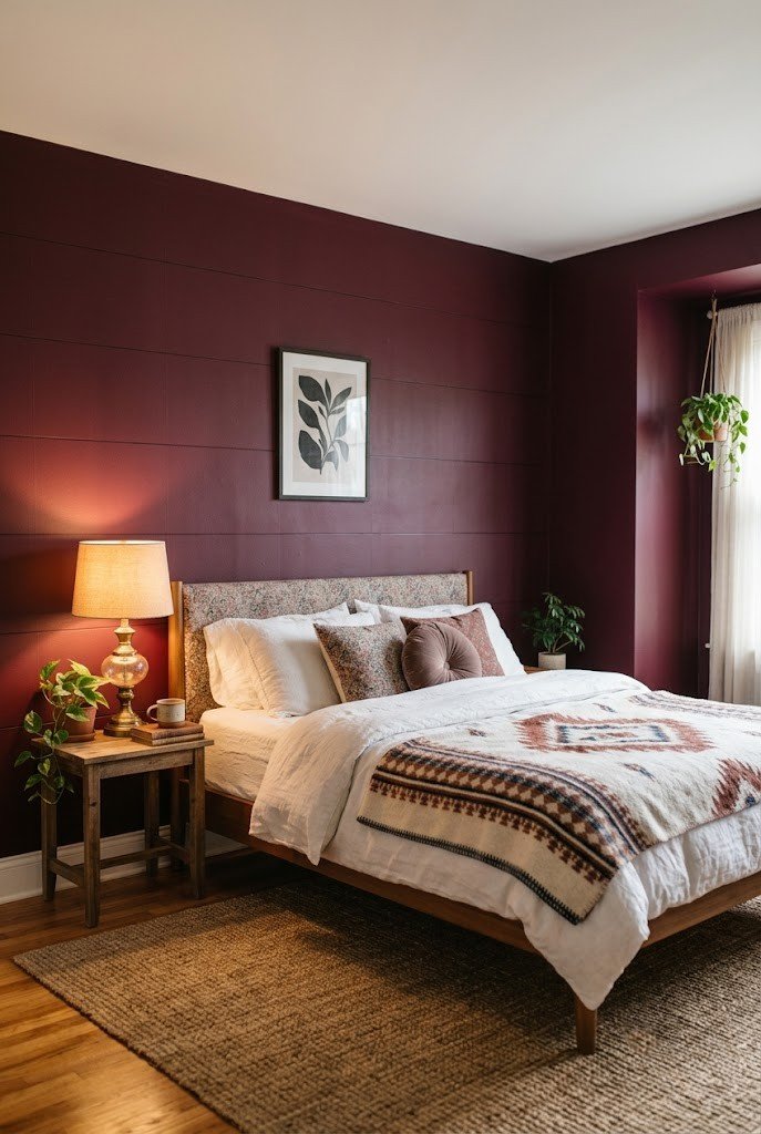 Rental bedroom accent wall fully covered in removable burgundy wallpaper