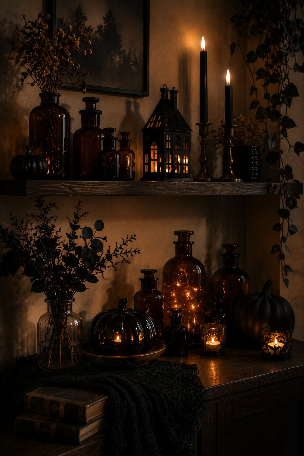 Renter-friendly moody-witchy Halloween apothecary shelf with amber bottles and LED candles in an apartment