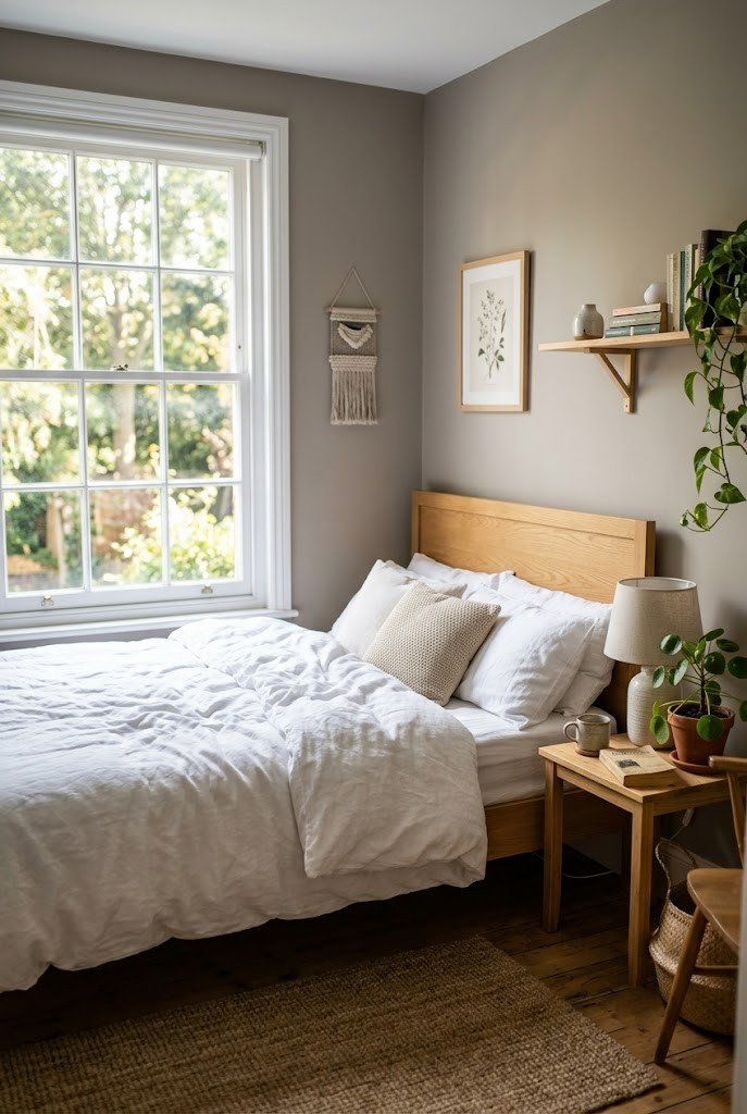 Bright small bedroom in warm greige with white layered bedding