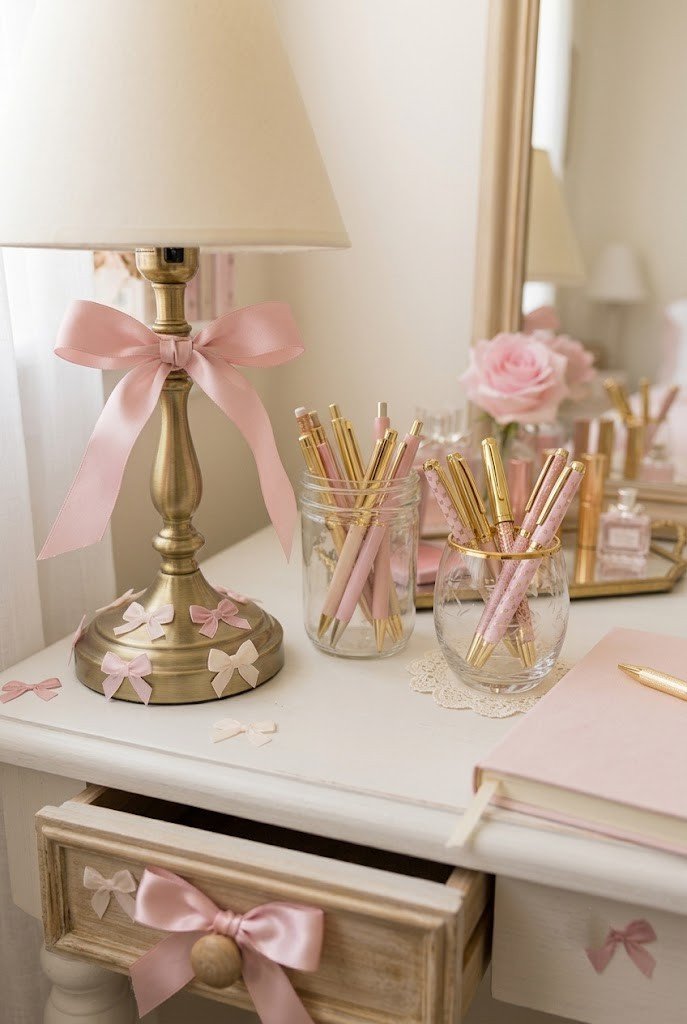 Satin ribbons and bows styled on a small coquette desk