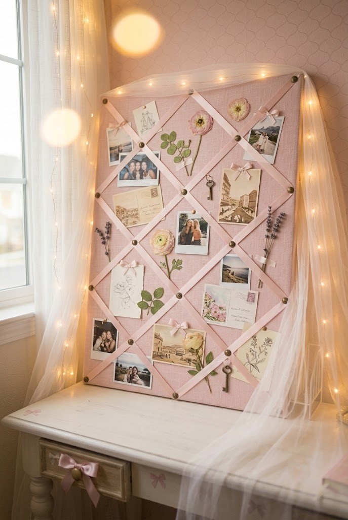 Ribbon-lattice fabric pinboard above a small desk