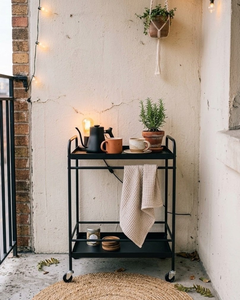 Slim black two-tier rolling cart with a kettle and mugs on a balcony