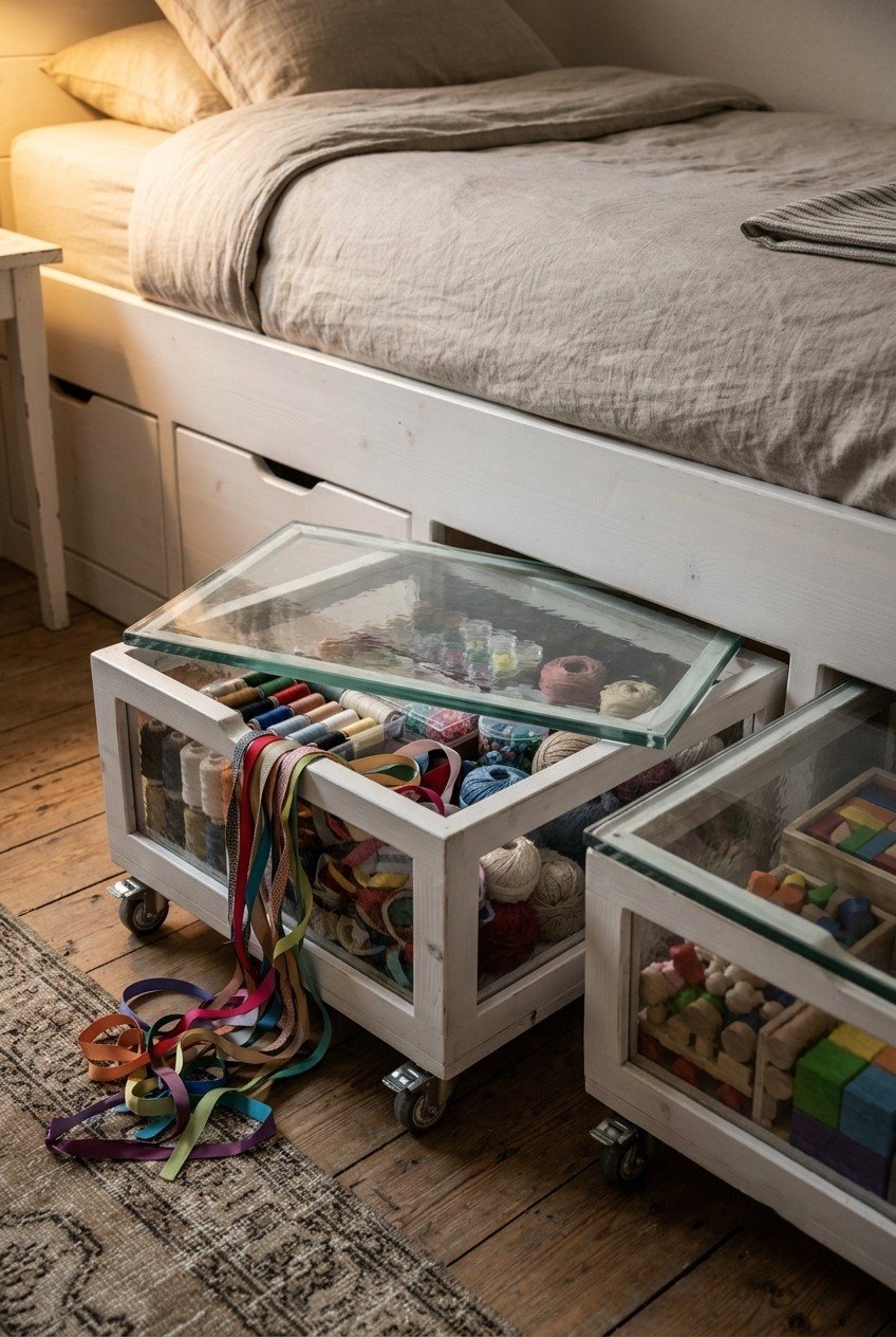 Clear-lidded rolling storage bins of sorted craft supplies and toys pulled out from under a bed