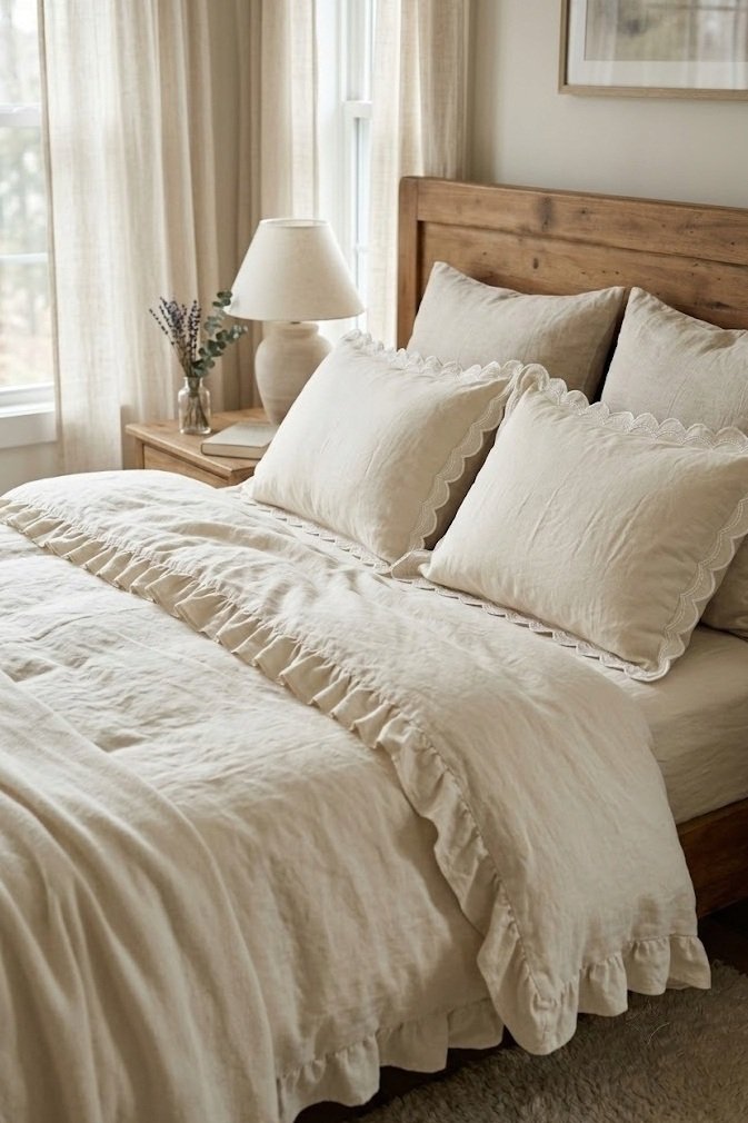 Matte cream ruffle-trim duvet with scalloped shams